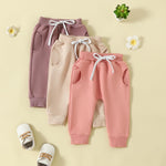 allshope Toddler Baby Girl Fall Pants 3 Pack Active Jogger Casual Athletic Trousers Solid Color Pocket Elastic Waist Harem Bottoms (Apricot Pink Purple, 12-18 Months)