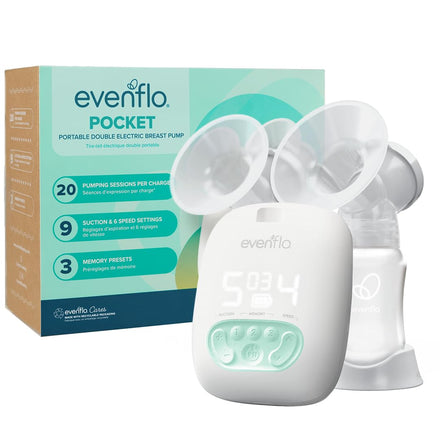 Evenflo Pocket portable double electric breast pump with packaging on a white background