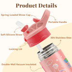 12oz Alpaca Kids Water Bottle, Cartoon Water Bottle for School, Pink Kids Insulated Bottles with Straw & Handle, Leak-Proof, BPA-free, Straw Lid, Stainless Steel for Travel Gift Cup for Girls(1pc)