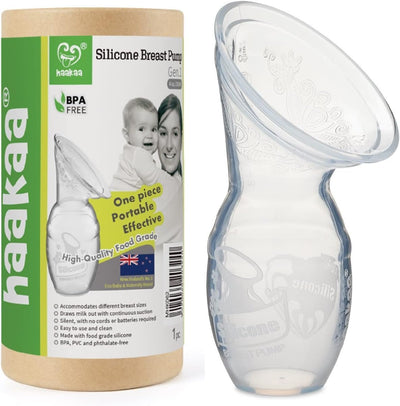 Haakaa silicone breast pump with packaging on a white background