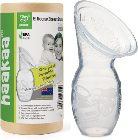 Haakaa silicone breast pump with packaging on a white background