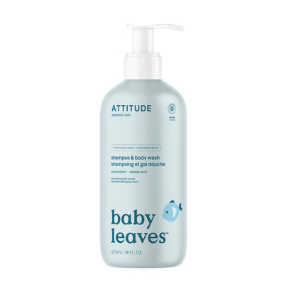 Bottle of Attitude baby shampoo and body wash on a white background