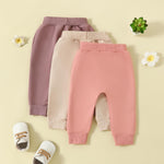 allshope Toddler Baby Girl Fall Pants 3 Pack Active Jogger Casual Athletic Trousers Solid Color Pocket Elastic Waist Harem Bottoms (Apricot Pink Purple, 12-18 Months)