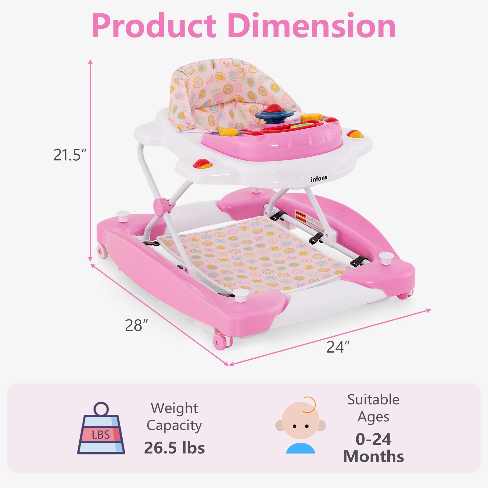 INFANS Baby Walker, 5 in 1 Behind Walker Learning Seated Rocker Bouncer with Removable Music Tray, Adjustable Height, Washable Seat Cushion, Foldable Activity Center for Toddlers (Pink)