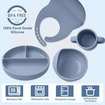 Silicone Baby Feeding Set 14 Pcs,Baby Led Weaning Supplies, Baby Spoons Suction Bowl Divided Plate Bib Cup Finger Brush,First Stage Solid Food Eating Utensils - 6+ Months(Blue Gray)