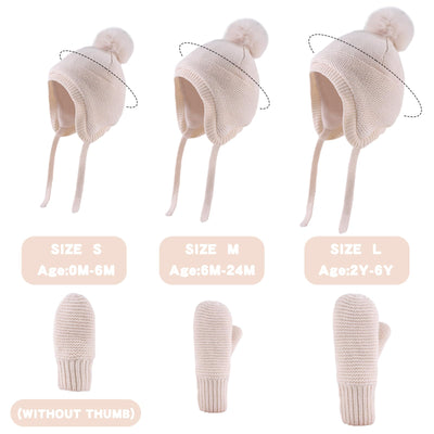 Basic Winter Baby Beanie Gloves Boys Girls Knitted Hat Pompom Kids Earflap Hats Warm Infant Toddler Beanie Mittens Set(Beige(Hat+Gloves),S)