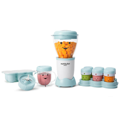 Nutribullet baby food maker with colorful containers on a white background