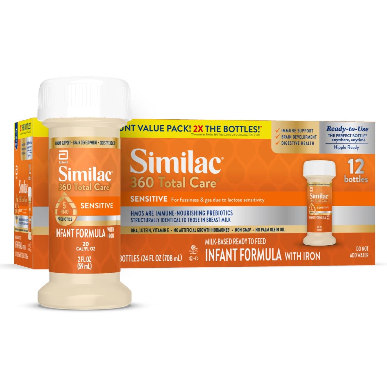 Similac 360 Total Care Sensitive Infant Formula for Fussiness & Gas Due to Lactose Sensitivity, Has 5 HMO Prebiotics, Non-GMO, Baby Formula, Ready to Feed, 8-fl-oz Bottle, Pack of 24