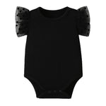 ROMPERINBOX Baby Girl Onsies Black Polka Dot Mesh Puff Sleeve Rib-Knit Short Sleeve Round Neck Bodysuit, 0-3 Months