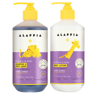Two Alaffia baby and kids products, shampoo and body wash, on a white background.