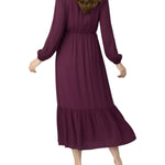 Motherhood Maternity Women's V-Neck Long Puff Sleeve Ruffle Midi Pregnancy Dress, Mauve Wine, Medium