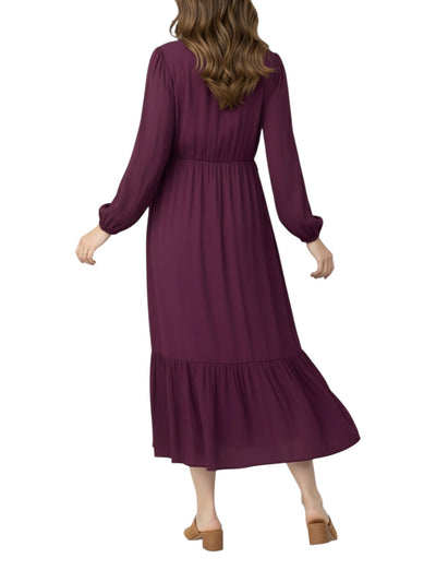 Motherhood Maternity Women's V-Neck Long Puff Sleeve Ruffle Midi Pregnancy Dress, Mauve Wine, Medium