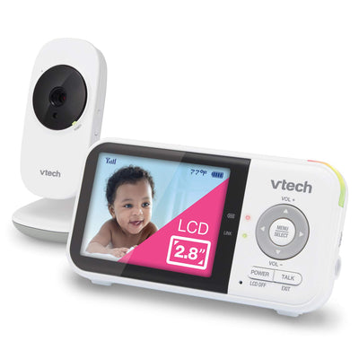 Vtech baby monitor with a child's face on the screen on a white background