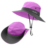 2 Pieces 5-14Y Kids Summer Sun Hat Wide Brim UV Protection for Girls Ponytail Beach Bucket Cap (Purple＆Sky Blue)