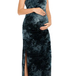 Smallshow Women's Split Long Maternity Dress Sleeveness Ruched Pregnancy Clothes X-Large Tie Dye Grey Black