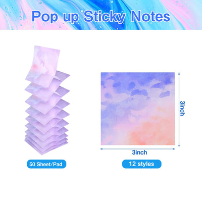 12 Pads Pop up Sticky Notes, 3x3 Cute Gradient Watercolor Self Stick Notes Pads, Multi Color Super Adhesive Memo Pads Refills, Easy to Post Paper Home Office Notebooks Supplies Accessories