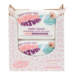 Packaging of Kinder by Nature water-based biodegradable wipes with pink leaf pattern.