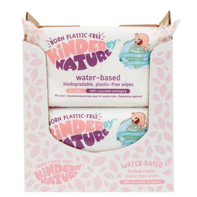 Packaging of Kinder by Nature water-based biodegradable wipes with pink leaf pattern.