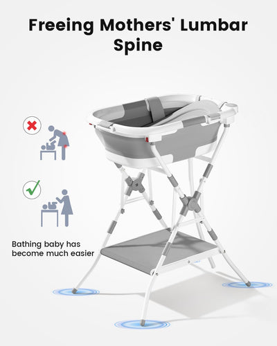 BALLA BALEIN Baby Bathtub with Stand, 2-in-1 Collapsible Bath Tubs for Newborn to Toddler, Infant Bathtub with Folding Stand, Portable Bathtub for Baby Including Soft Cushion, Storage Pad