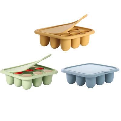 Three colorful ice cube trays on a white background