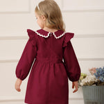 2T 3T Girl Clothes Toddler Girl Peter-Pan Collar Dress Kids Clothes Long Sleeve Ruffle Red Dress Fall Winter Baby Outfit with Cute Crossbody Bag