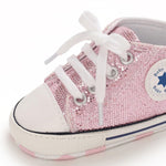 Yibubu Baby Glitter Canvas Sneakers Fashion Shiny Lace-Up Infant Shoes for Girls Boys, Soft Sole Crib Shoes for First Walkers (0–18 Months) (Purple, Infant, 6 Months, Age, US Footwear Size System, Medium)