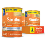 Two cans of Similac 360 Total Care Sensitive infant formula with a box displaying 'Over 70% More!' text.