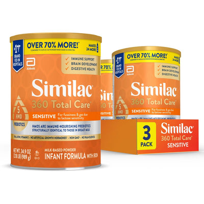 Two cans of Similac 360 Total Care Sensitive infant formula with a box displaying 'Over 70% More!' text.
