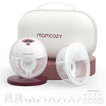 Momcozy breast pump set with a carrying case on a white background