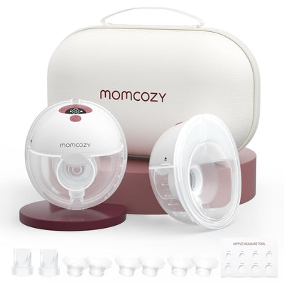 Momcozy breast pump set with a carrying case on a white background