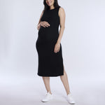 Motherhood Maternity Women's Sleeveless Crew Neck Rib Knit Midi Pregnancy Bodycon Dress, Black, Large