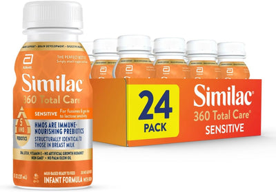 Similac 360 Total Care Sensitive infant formula bottles and packaging on a white background