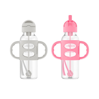 Two baby bottles with handles, one gray and one pink, on a white background.
