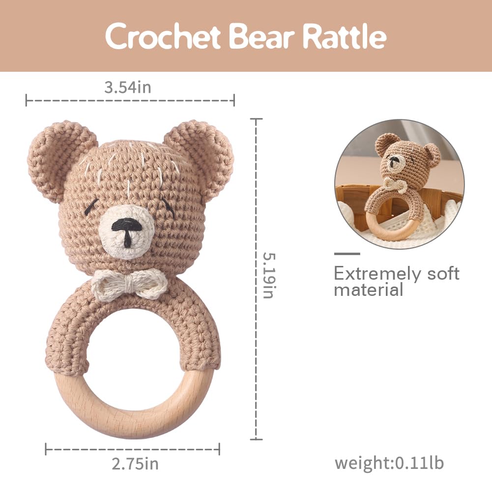 Wooden Baby Rattle Crochet Bear Baby Toys Handmade Newborn Toy Early Development Grips Stuffed Animal Organic Rattle (Bear)