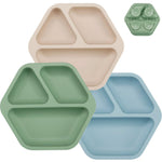PandaEar 3 Pack Toddler Plates, Hexagon Divided Suction Plates for Baby, 100% Food Grade Silicone Baby Plates, Non-Slip, Baby Led Weaning Supplies, Microwave & Dishwasher Safe (Hexagon)