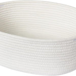 Baskets for Gifts Empty, Small Woven Cotton Rope Gift Basket for Organizing, Cute Cat Dog Toy Bin Box, Baby Nursery Storage Organizer, White Storage Bin with Brown Handles, 13" x 9" x 5"