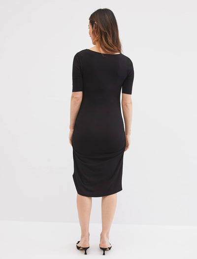 Motherhood Maternity Women's Short Sleeve Scoop Neck Side Ruched Pregnancy Bodycon Dress, Core Black, Large