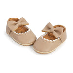 LAFEGEN Baby Girls Mary Jane Flats with Bownot Non Slip Soft Sole PU Leather Newborn Infant Toddler First Walker Cirb Dress Shoes, 0-6 Months Infant, 12 Beige