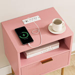 Masupu Nightstand with Charging Station,Mid-Century Modern Bedside Table with Storage Drawer and Open Wood Shelf,Small Gold Frame Side Table for Bedroom,Living Room (Pink)