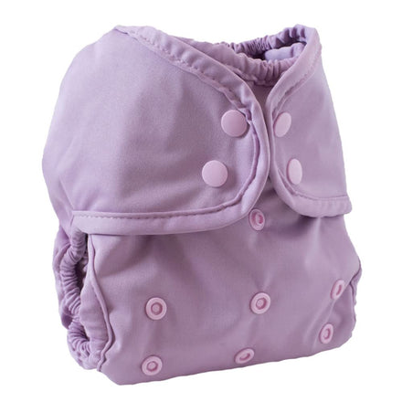Purple cloth diaper with pink buttons on a white background