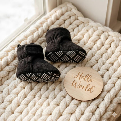 Pro Goleem Fleece Baby Booties, Warm Cozy Baby Slippers, Stay On Sock Shoes, Easy to Put on, Unisex Baby Gifts, Soft Non-Slip Adjustable Newborn Boots for Boys and Girls 6-12 Months, Black