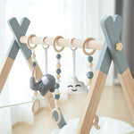 Wooden Baby Play Gym Foldable Baby Play Gym Frame Activity Gym Hanging Bar with 5 Gym Baby Toys Natural for Newborn Baby (Foldable Grey)