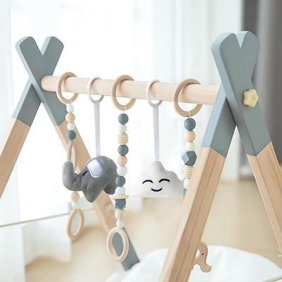 Wooden Baby Play Gym Foldable Baby Play Gym Frame Activity Gym Hanging Bar with 5 Gym Baby Toys Natural for Newborn Baby (Foldable Grey)