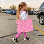 MENZOKE Kids Travel Tray for Toddler Car Seat, Lap Tray for Girl Activities with Dry Erase Board & Cooler Cup Holder, Road Trip Essentials Accessories with No-Drop Large Tablet iPad Holder Stand,Pink