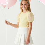 PATPAT Girls Puff Sleeve Top Size 4-5 Ribbed Short Sleeve Yellow Lace Blouse Toddler Dress Shirt Cute Clothes Birthday Girl Shirt Summer Tops