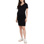 Motherhood Maternity Women's V-Neck Short Sleeve Side Ruched Bodycon Mini Pregnancy Dress, Black, Medium