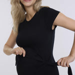 Motherhood Maternity Women's Short Sleeve Crew Neck Side Tie Detail Midi Casual Pregnancy Dress, Black, Small