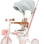 7 in 1 Toddler Tricycle with Parent Push Handle, Removable Pedals & Canopy, 5-Point Safety Harness - Portable Folding Trike Bike for Kids Ages 1-6 Years Old (Ivory and Brown)