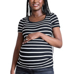 Motherhood Maternity Women’s Square Neck Rib Knit Short Sleeve Pregnancy Top, Black & White Stripe, Medium