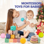 Jyusmile Baby Toys 6-12 Months, Montessori Toy for Babies 6-12 Months, Incl Stacking Building Blocks & Soft Infant Teething Toys & Sensory Balls for Toddlers 0-3-6-9-12 Month
